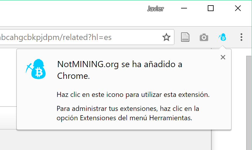 Instalación completada de la extensión Chrome